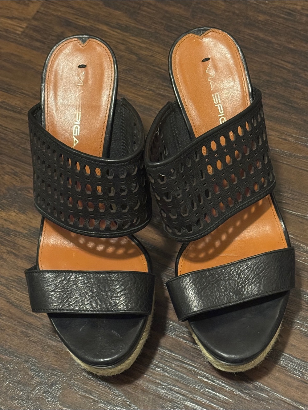 Via Spiga Black Perforated Leather Wedges